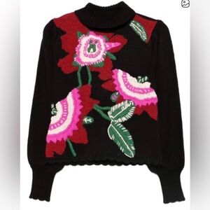 Farm Rio Black Floral Bold Colorful Mock-Neck Sweater Embroidered Flowers XS NEW